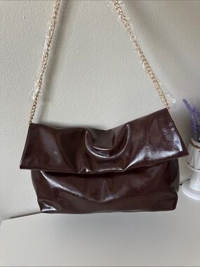 Stylish Fold-Over Shoulder Bag in Dark Brown with Gold Chain